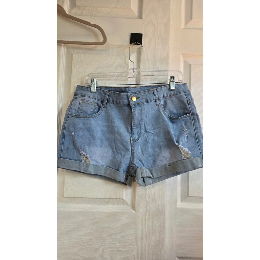 Womens High Waisted‎ Distressed Denim Shorts Light Wash Stretchy Cuffed Size 2XL